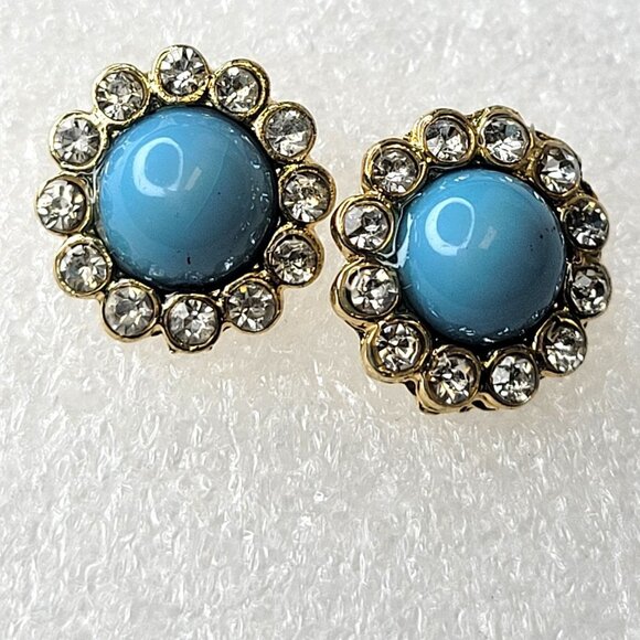 Blue Turquoise Glass cabochon Button Small Earrings - Picture 5 of 8